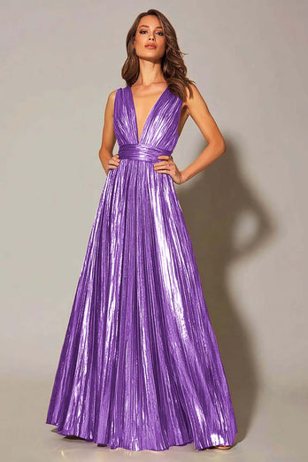 Sparkly Metallic Gold A-Line Pleated V-Neck Long Formal Dress