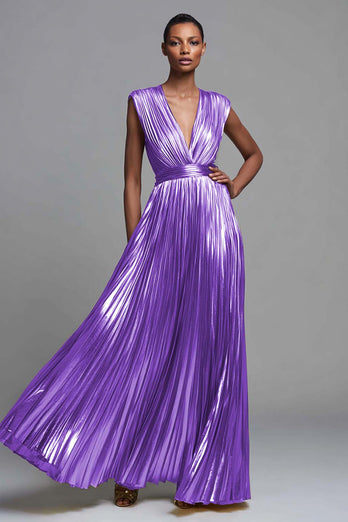 Sparkly Gold A-Line Metallic Deep V-Neck Pleated Long Formal Dress