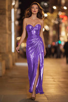 Load image into Gallery viewer, Sparkly Gold Metallic Mermaid Sweetheart Ruched Long Formal Dress with Slit