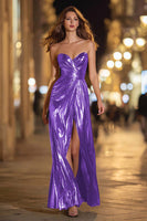 Load image into Gallery viewer, Sparkly Gold Metallic Sheath Sweetheart Long Formal Dress with Slit