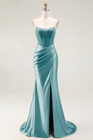 Load image into Gallery viewer, Sparkly Blush Strapless Ruched Mermaid Satin Long Prom Dress with Slit
