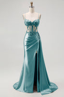 Load image into Gallery viewer, Sparkly Champagne Mermaid Spaghetti Straps Ruched Long Prom Dress with Beading