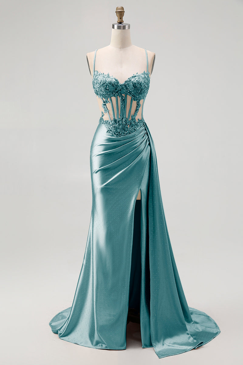 Load image into Gallery viewer, Sparkly Champagne Mermaid Spaghetti Straps Ruched Long Prom Dress with Beading