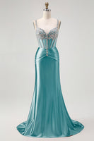 Load image into Gallery viewer, Sparkly Blush Spaghetti Straps Satin Mermaid Beaded Long Corset Prom Dress