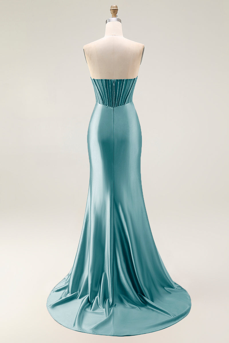 Load image into Gallery viewer, Sparkly Blush Strapless Ruched Mermaid Satin Long Prom Dress with Slit