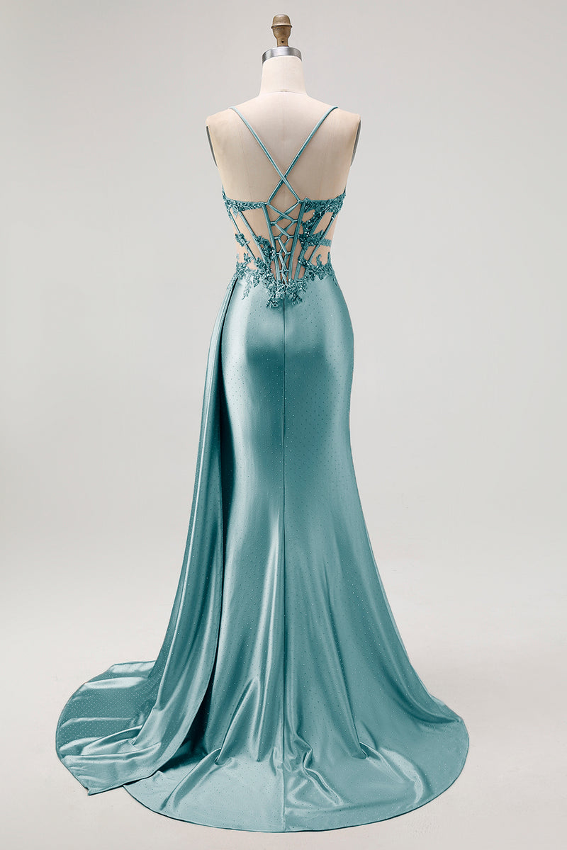 Load image into Gallery viewer, Sparkly Champagne Mermaid Spaghetti Straps Ruched Long Prom Dress with Beading