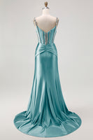 Load image into Gallery viewer, Sparkly Blush Spaghetti Straps Satin Mermaid Beaded Long Corset Prom Dress