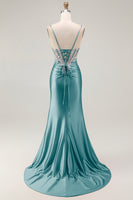 Load image into Gallery viewer, Sparkly Grey Pink Satin Mermaid Ruched Long Corset Prom Dress with Slit
