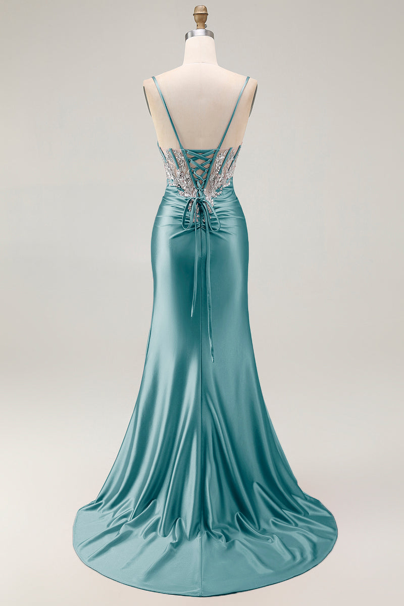 Load image into Gallery viewer, Sparkly Grey Pink Satin Mermaid Ruched Long Corset Prom Dress with Slit