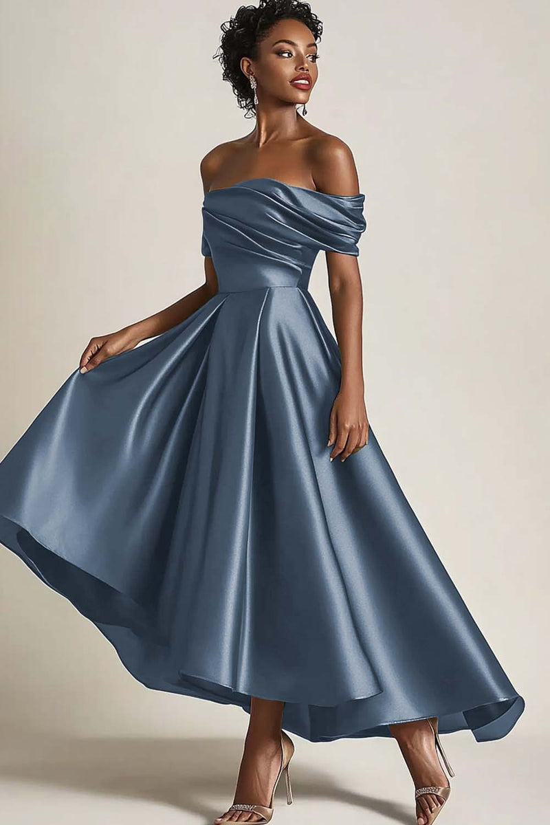Load image into Gallery viewer, Queendancer Women Wedding Guest Dress Elegant Twilight Satin Mother of the Bride Dress Off the Shoulder Asymmetrical A Line Mother of the Groom Dress