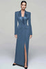 Load image into Gallery viewer, Queendancer Women Black Pencil Long Sleeves Blazer Dress with Slit Peak Lapel Double Breasted Coat Dress