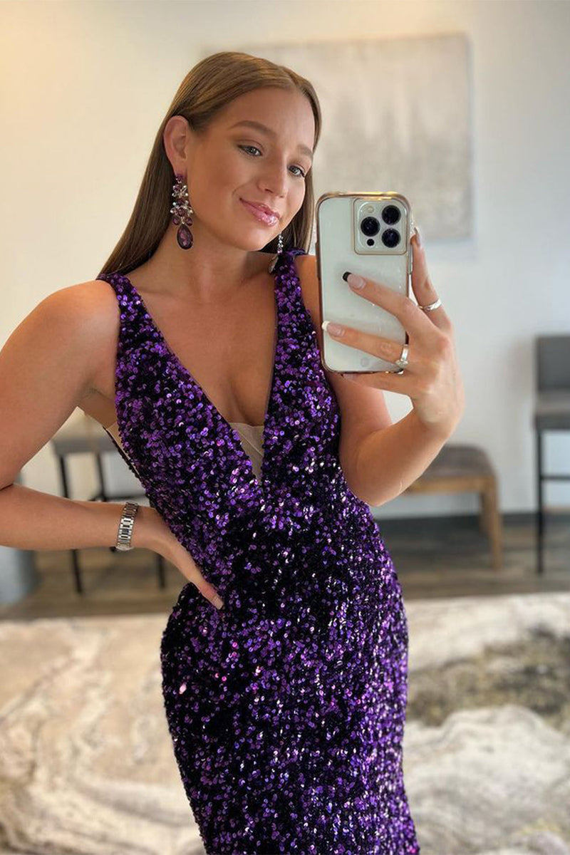 Load image into Gallery viewer, Purple Deep V Neck Mermaid Prom Dress