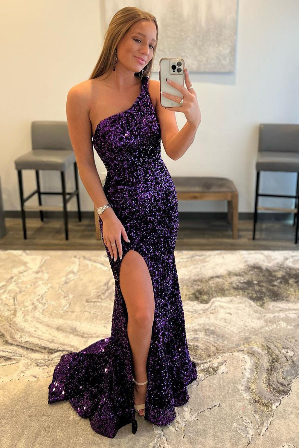 Dark Purple One Shoulder Sequined Mermaid Prom Dress With Slit