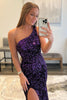 Load image into Gallery viewer, Dark Purple One Shoulder Sequined Mermaid Prom Dress With Slit