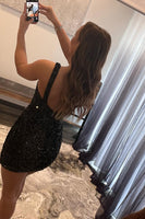 Load image into Gallery viewer, Glitter One-Shoulder Black Homecoming Dress With Sequins