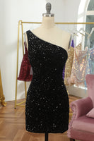 Load image into Gallery viewer, Glitter One-Shoulder Black Homecoming Dress With Sequins