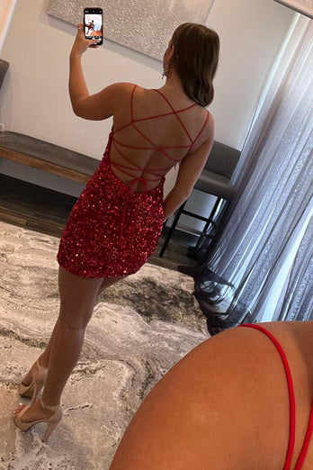 Sexy Halter Royal Blue Sequins Mesh Short Homecoming Dress