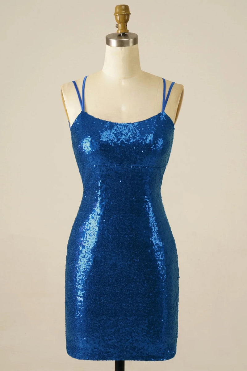 Load image into Gallery viewer, Sexy Halter Royal Blue Sequins Mesh Short Homecoming Dress