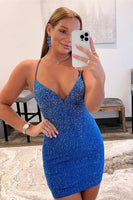 Load image into Gallery viewer, Sheath Spaghetti Straps Royal Blue Short Homecoming Dress With Beading