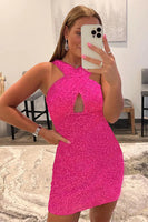 Load image into Gallery viewer, Glitter Red Halter Backless Sequins Tight Homecoming Dress