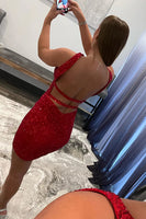 Load image into Gallery viewer, Orange Glitter Halter Backless Sequins Tight Homecoming Dress