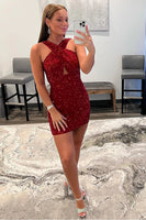 Load image into Gallery viewer, Glitter Red Halter Backless Sequins Tight Homecoming Dress