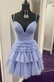 A-Line Blue Spaghetti Straps Tulle Tiered Short Homecoming Dress