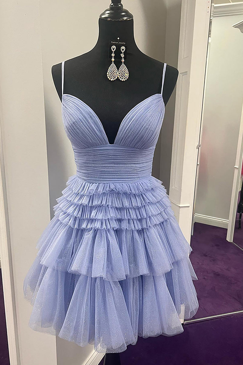 Load image into Gallery viewer, A-Line Blue Spaghetti Straps Tulle Tiered Short Homecoming Dress