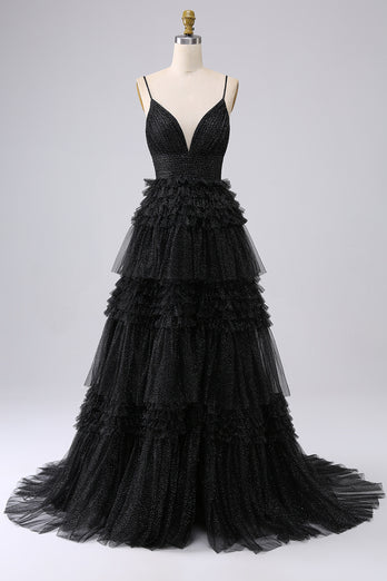 A Line Spaghetti Straps Navy Long Prom Dress with Ruffles