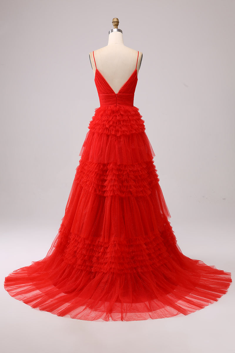 Load image into Gallery viewer, A Line Spaghetti Straps Navy Long Prom Dress with Ruffles