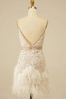 Load image into Gallery viewer, Sparkly White Sequins Tight Spaghetti Straps Short Homecoming Dress with Feathers