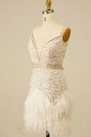 Load image into Gallery viewer, Sparkly White Sequins Tight Spaghetti Straps Short Homecoming Dress with Feathers