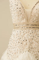 Load image into Gallery viewer, Sparkly White Sequins Tight Spaghetti Straps Short Homecoming Dress with Feathers
