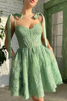 Load image into Gallery viewer, Green A-Line Spaghetti Straps Homecoming Dress with Appliques