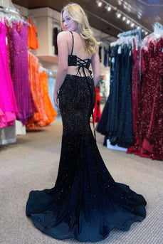 Mermaid Black Spaghetti Straps Long Prom Dress With Beading