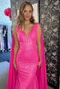 Load image into Gallery viewer, Sparkly Hot Pink Mermaid Long Prom Dress With Wateau Train