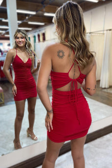 Simple Red Ruched Spaghetti Straps Tight Homecoming Dress