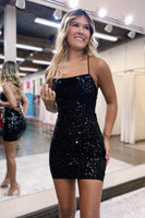 Load image into Gallery viewer, Sparkly Black Spaghetti Straps Tight Short Homecoming Dress with Sequins