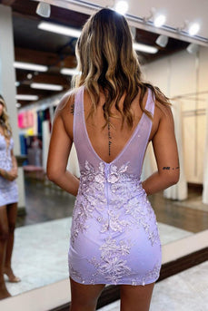 V-Neck Backless Light Purple Tight Short Homecoming Dress with Lace
