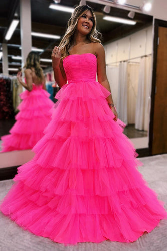 Hot Pink Tulle Strapless Princess Long Prom Dress