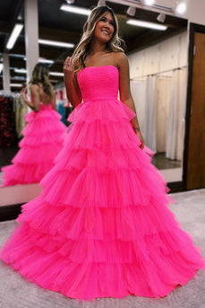 Hot Pink Tulle Strapless Princess Long Prom Dress