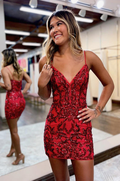 Sparkly Red Spaghetti Straps Tight Short Homecoming Dress with Sequins