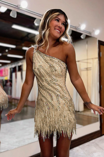 Sheath One Shoulder Blue Sequins Short Homecoming Dress with Tassel