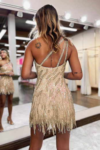Sheath One Shoulder Blue Sequins Short Homecoming Dress with Tassel