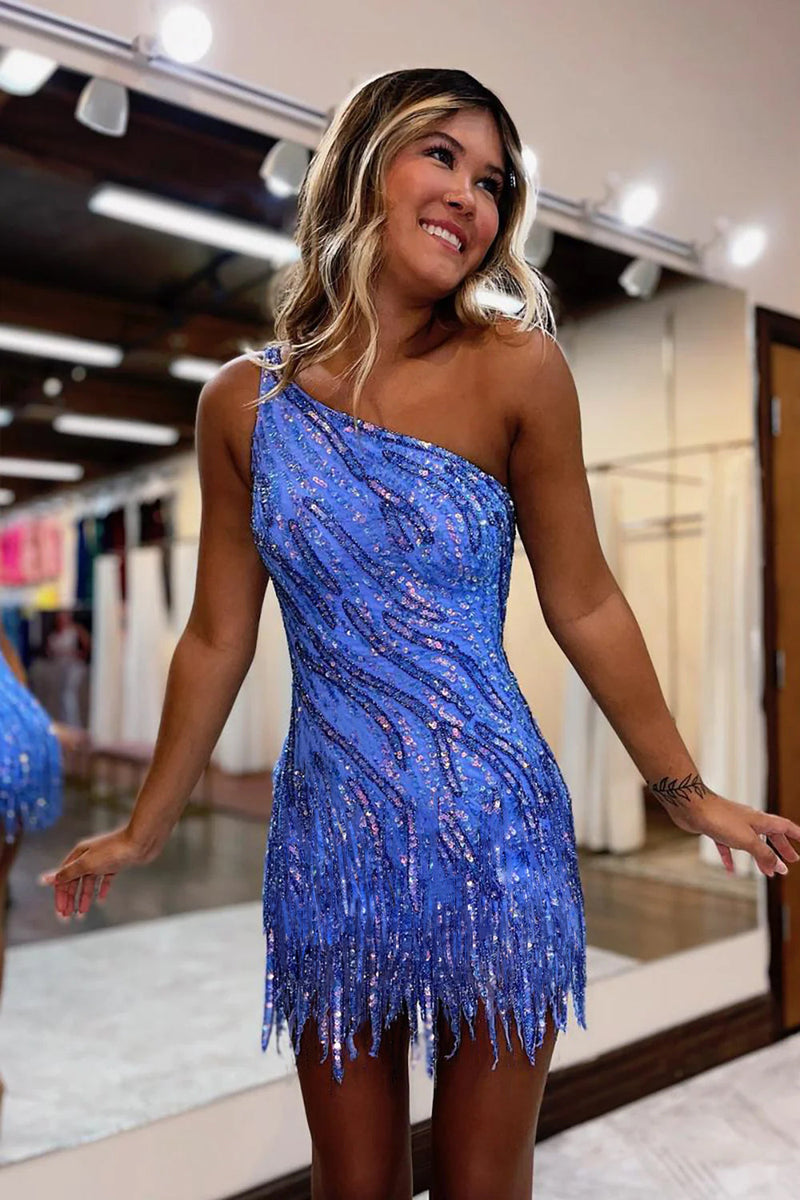 Load image into Gallery viewer, Sheath One Shoulder Sequins Short Homecoming Dress with Tassel