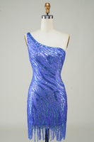 Load image into Gallery viewer, Sheath One Shoulder Blue Sequins Short Homecoming Dress with Tassel
