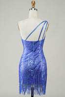 Load image into Gallery viewer, Sheath One Shoulder Blue Sequins Short Homecoming Dress with Tassel