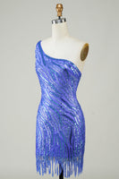 Load image into Gallery viewer, Sheath One Shoulder Blue Sequins Short Homecoming Dress with Tassel