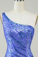 Load image into Gallery viewer, Sheath One Shoulder Blue Sequins Short Homecoming Dress with Tassel
