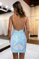 Load image into Gallery viewer, Glitter Blue Spaghetti Straps Sequins Tight Short Homecoming Dress